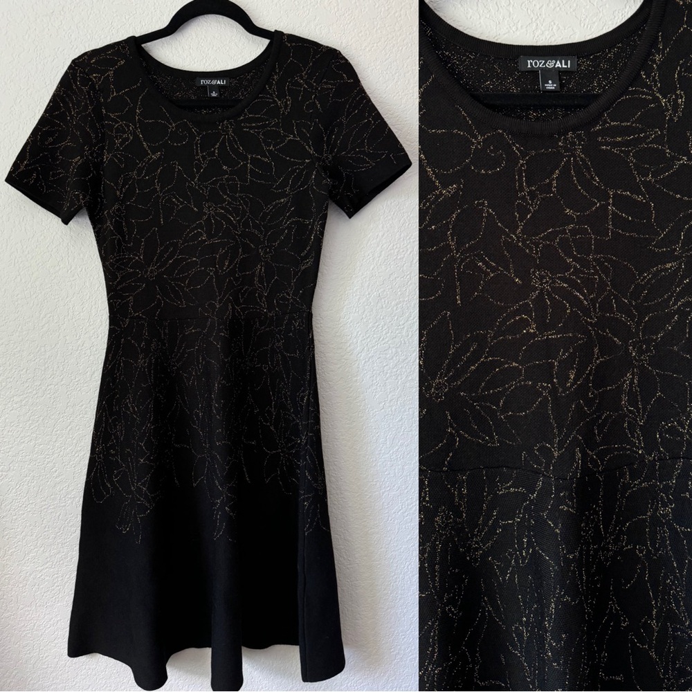 Roz‎ & Ali Dress Women's Small Black Gold Floral A-Line Midi Short Sleeve Rayon